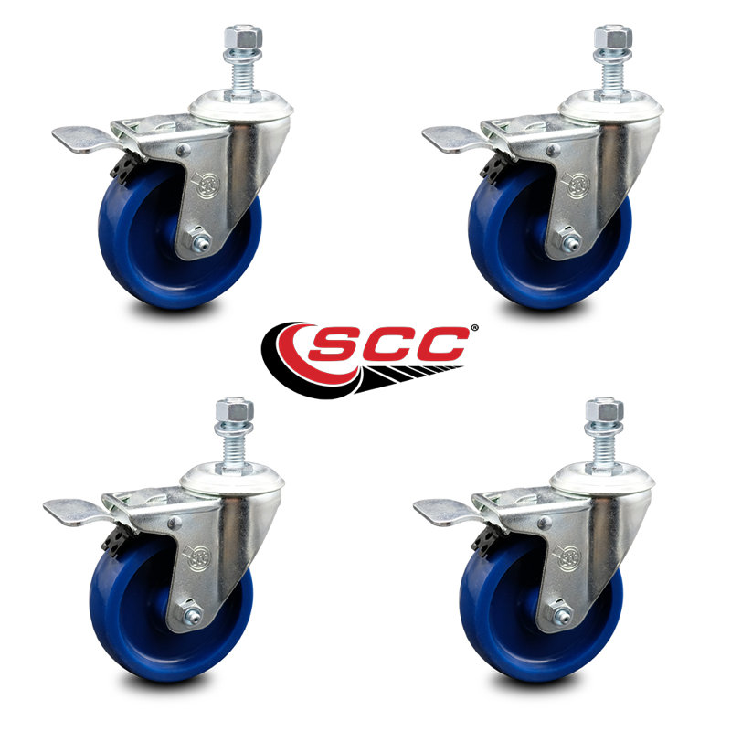 4 Inch Solid Polyurethane Swivel 3/8 Inch Stem Caster Set with Total Lock Brake
