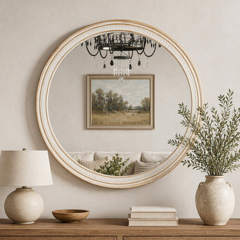 Miroir rond en bois massif de 30 pouces avec cadre boho, décoration murale polyvalente