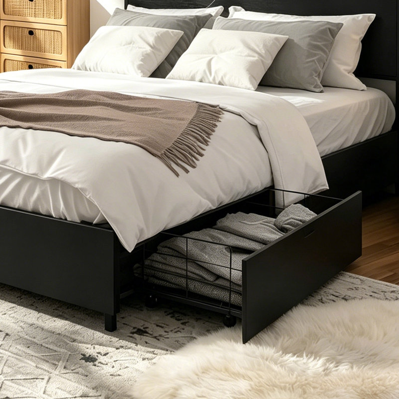Très grande base de lit en bois de style campagnard, lit plateforme avec tête de lit avec tiroirs de rangement à roulettes pour la chambre à coucher