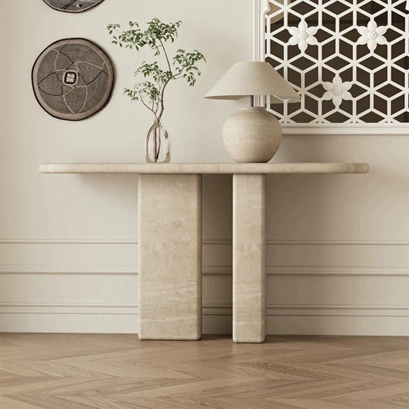 Beige Stone Oval Console Table, 33.46" H x 47.24" W x 13.78" D