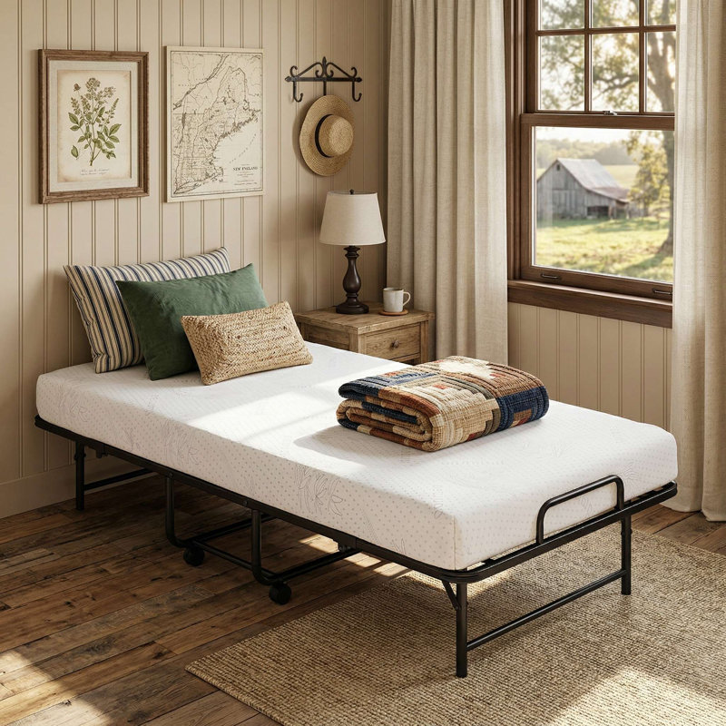 Lit simple escamotable pliant pour lit simple, matelas en mousse viscoélastique de qualité supérieure de 5 pouces et roues lisses verrouillables