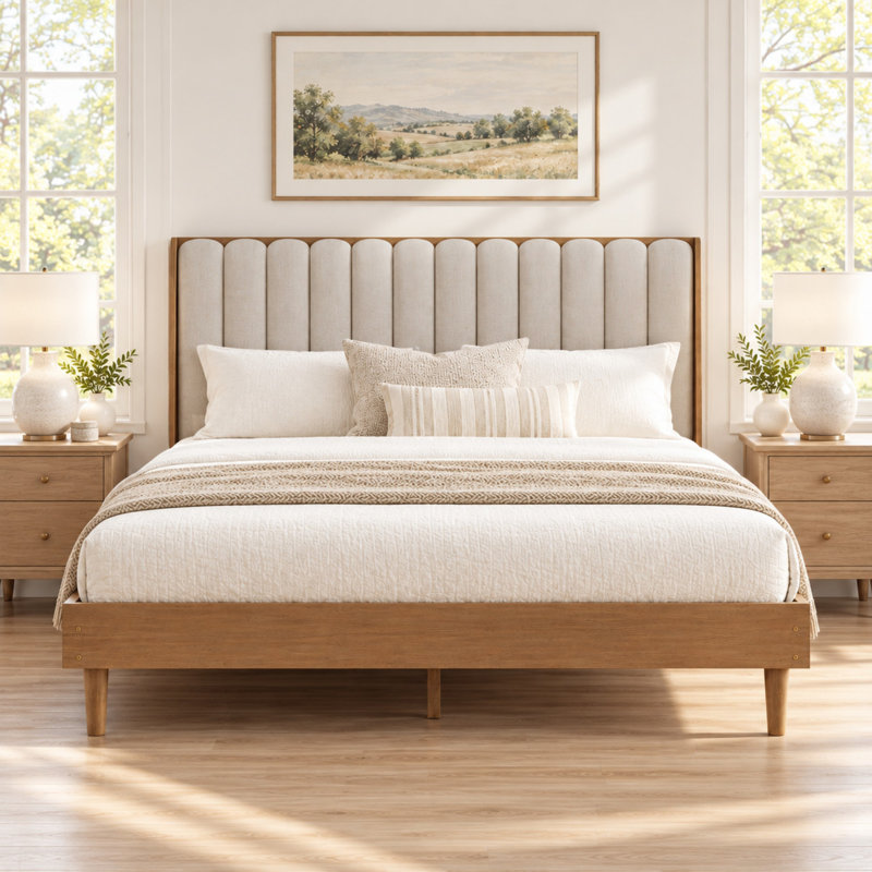 Structure de lit très grand en bois avec tête de lit rembourrée et support renforcé