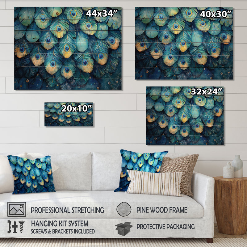 Peacock Feather Collage - Bird Wood Wall Decor - On Natural Pine Wood, 30" H x 40" W x 0.78" D