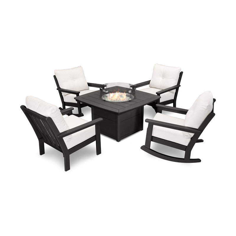 Vineyard 5-Piece Deep Seating Rocking Chair Conversation Set with Fire Pit Table, Canvas Granite, Black
