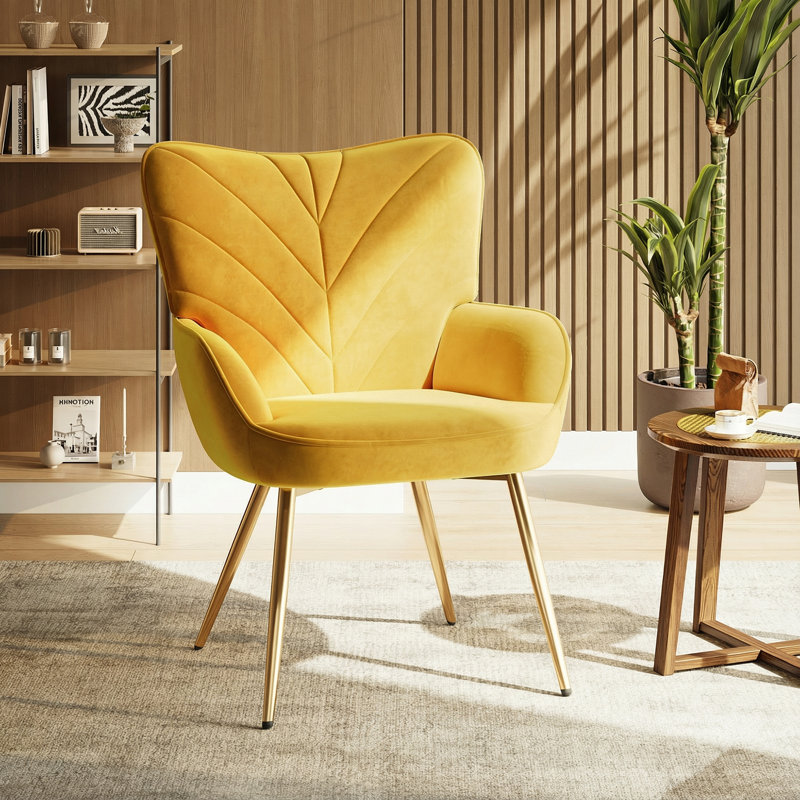 Plush Lambswool-Style Side Chair - Metal Leg Lounge Armchair, Yellow