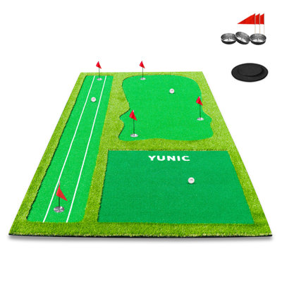 Tapis de golf YUNIC 16 pi x 8 pi vert avec pente d'élévation - Tapis d'entraînement professionnel en nylon de qualité supérieure (5 trous) pour la maison, le garage, le bureau et l'extérieur