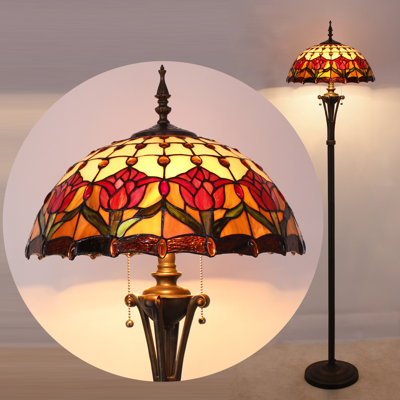 Lampe sur pied Tiffany en verre teinté ambre rouge avec lampe de lecture sur pied 16 x 16 x 70 pouces, lampe de coin antique, chambre à coucher, bureau, salon
