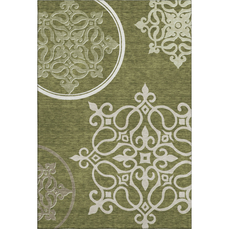 Premium Machine Washable Prisco Olive Rug, Rectangle 5' x 7'6"