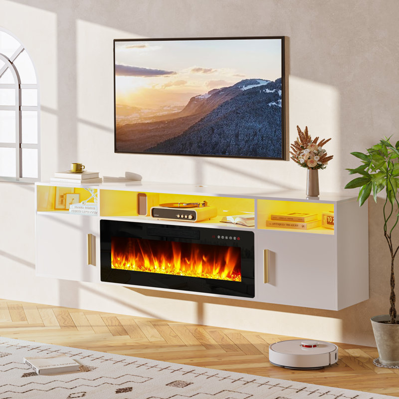 Alazik Floating TV Stand with 36" Electric Fireplace, White
