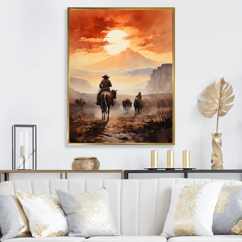 «Mechra Cowboy Chassing The Sunset I», reproduction sur toile, H 32 po x l 24 po, Cadre flottant doré