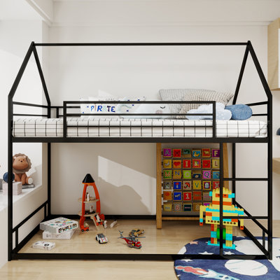 Black Twin Bunk Bed Frame Made Of Iron, Construction For Daily Use, Lower Low To Ground, Upper Easy Reach, Integrated 13" Guardrails, Heavy - Duty Metal Slats, No Box Spring Required, Smooth Powder