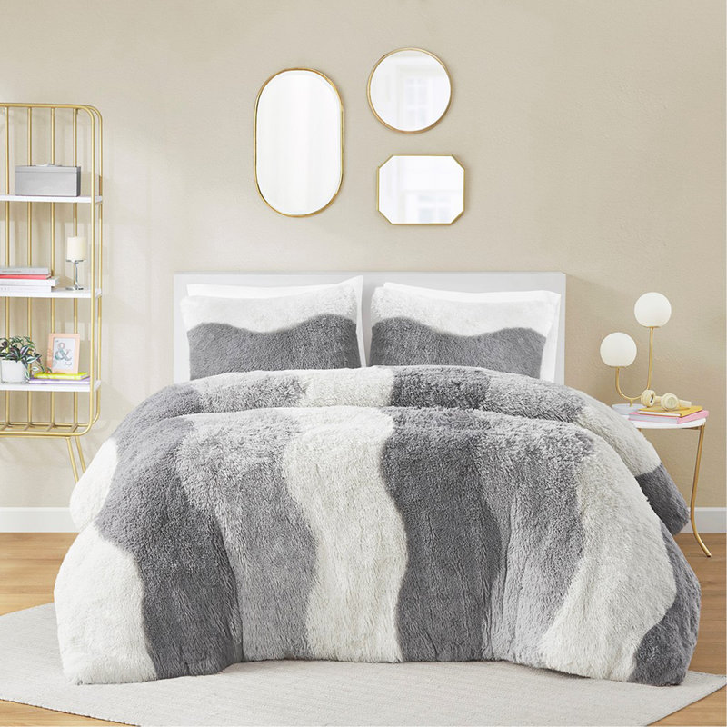 Ensemble d'édredon en fausse fourrure ombrée Ombre, Édredon simple + 1 taie décorative, Gris