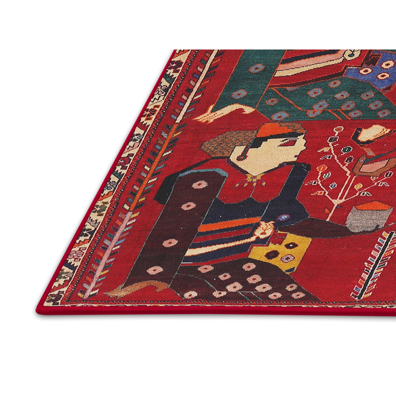 Tapis traditionnel rouge / vert / brun, Rectangle 5 pi x 8 pi