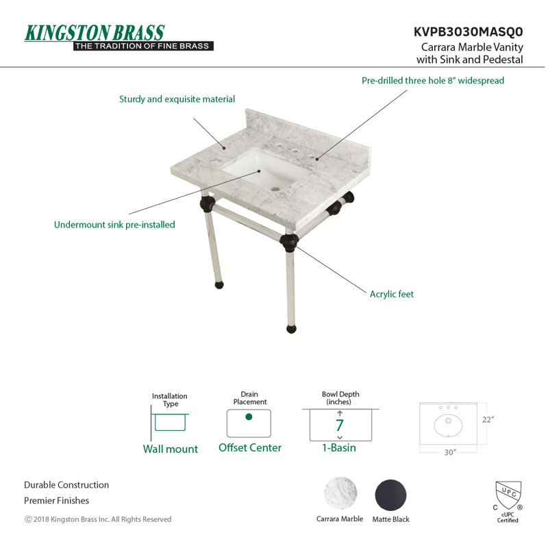 Templeton Stone Rectangular Console Bathroom Sink with Overflow, Carrara Marble/Matte Black