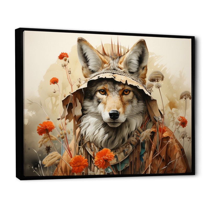 «Native Art Coyotes Trickery», reproduction d'art sur toile, H 12 po x l 20 po x P 1 po, Cadre flottant noir