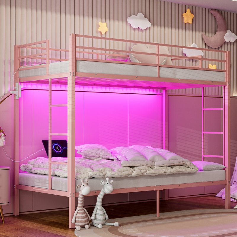 Lit plateforme en métal Alyda, Rose, Lit superposé simple TG sur simple TG