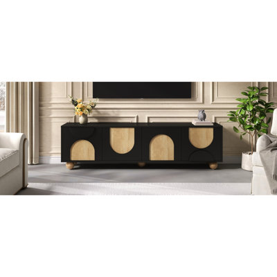 Contemporary 75" Tv Stand With Cable Management, Black Top, 4 Cabinets, Rebound Device, 5 Solid Wood Legs For Living Room Setup 75-Inch Holes, Cream Style Media Console, Legs, Black, 69.6"W And