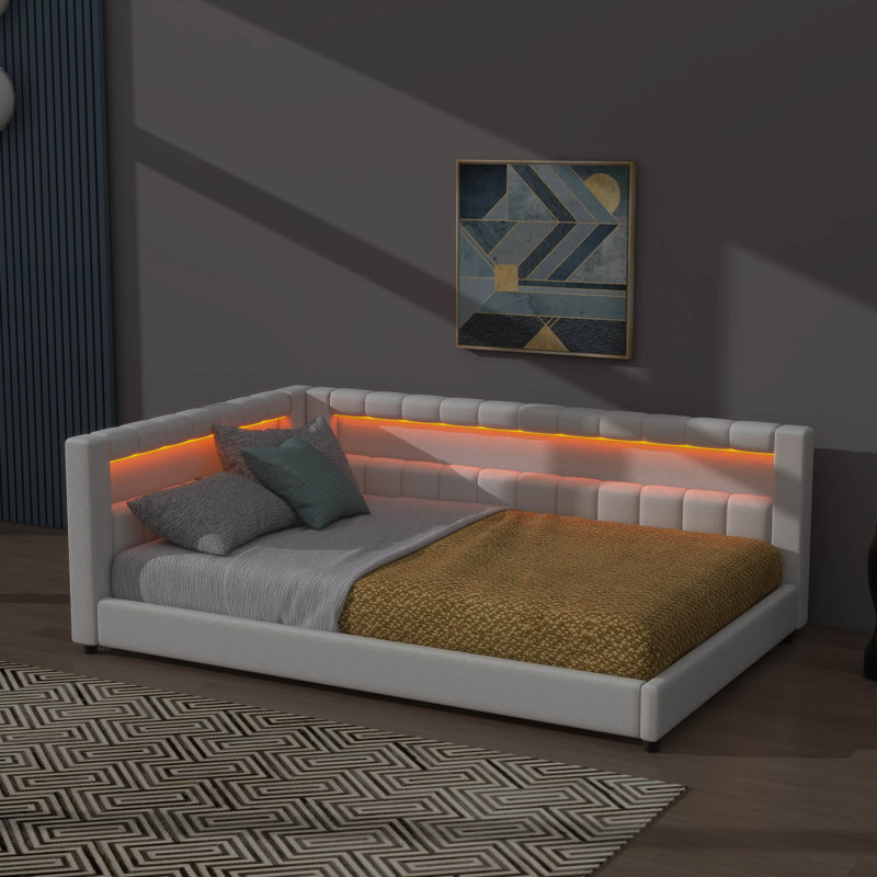 Full XL Size Upholstered Daybed With Integrated Storage, L-Shaped Configuration With LED Strip And USB Ports, Linen Fabric Bed Frame