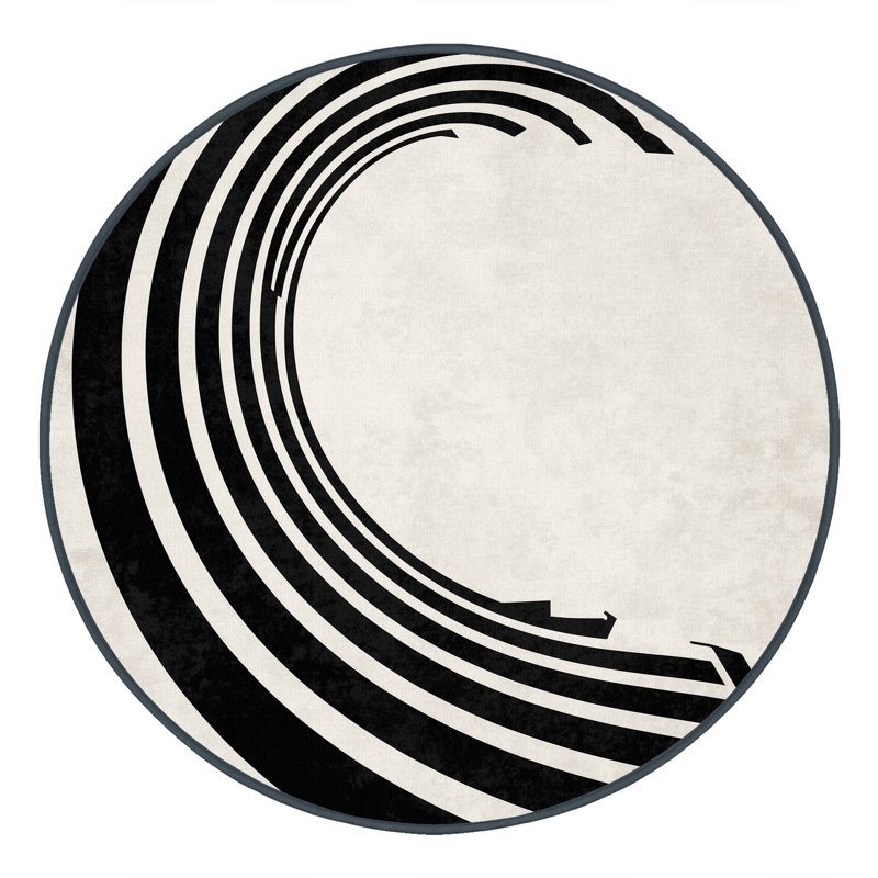 Machine Washable Pavla Art Deco Arc Rug in Gray – Black Binding, 6' Round