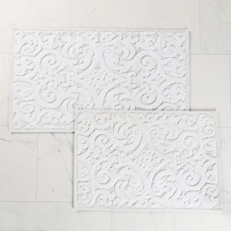 Venere Elegant Floral Scroll Textured Machine Washable 2 Piece Bathroom Rug Set, White, MEDIUM- 2 Piece Set