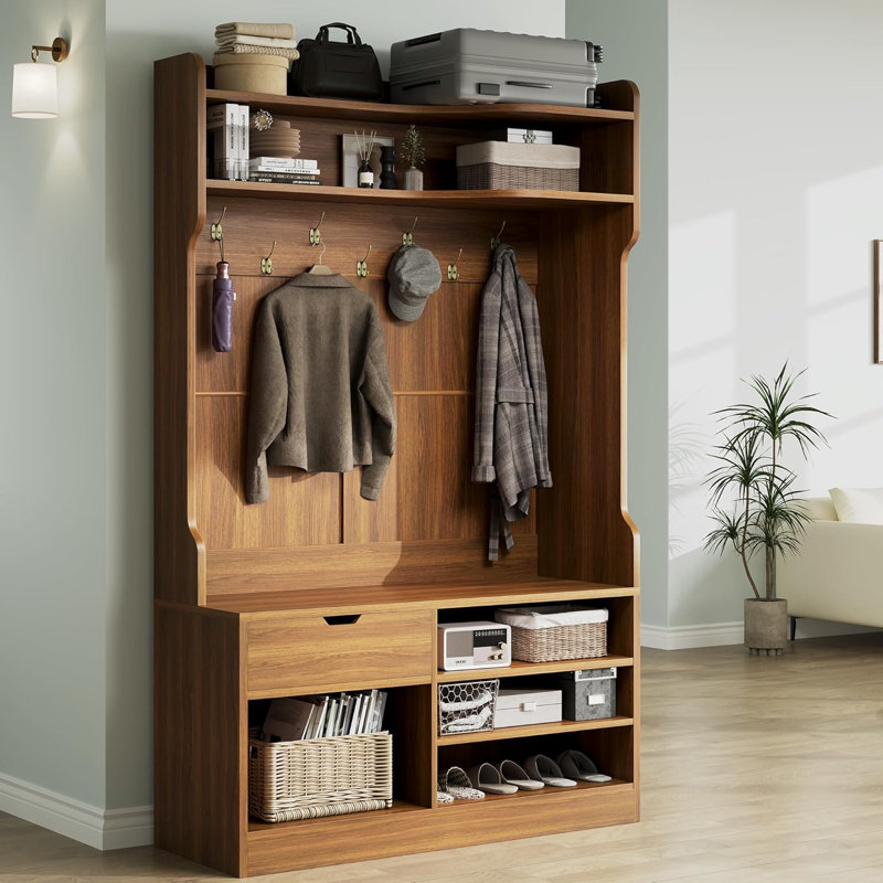 71" Hall Tree With Bench And Shoe Storage, Farmhouse Coat Rack With Hooks, Brown 