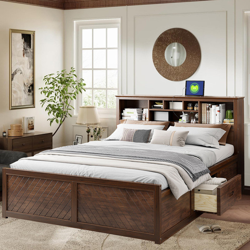 Multi-function King Size  Platform Bed with Sockets, USB, 6 open Storage Compartments and Drawers, Wood