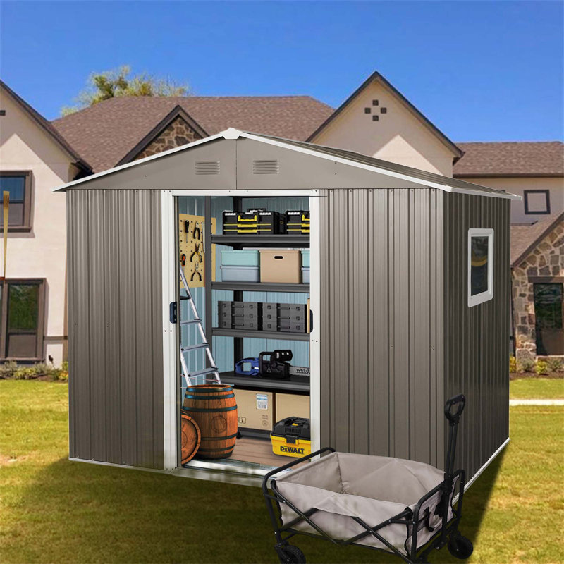 Outdoor Metal Storage Shed With Window And Metal Foundation, Gray, 74.8" H x 88.98" W x 63.78" D