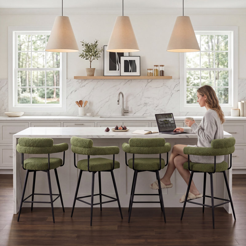 Kiylan Swivel Upholstered 26.7" Sherpa Counter Stool with Curved Wing Back and Metal Frame, Sherpa Green