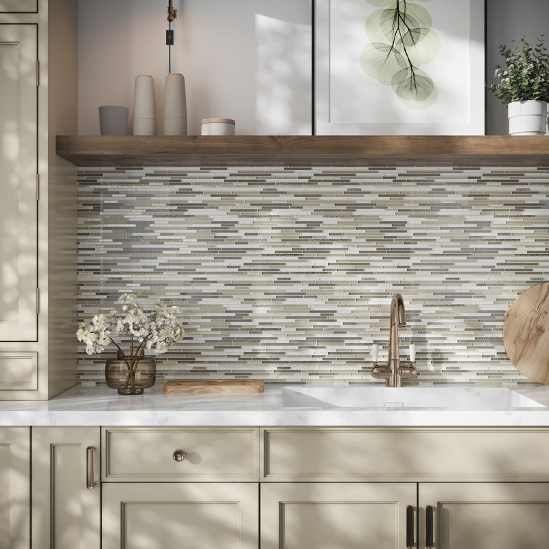 Waterfall Linear Glass And Metal Mosaic Tile, White/Beige