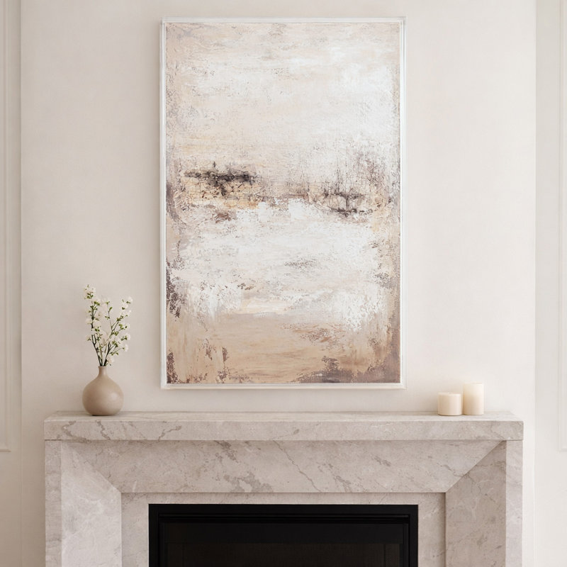 Tableau sur toile avec cadre acrylique, style boîte d'ombre, idéal pour la décoration intérieure - Peinture rectangulaire pour salon - 60 pouces (152 cm), ivoire et gris