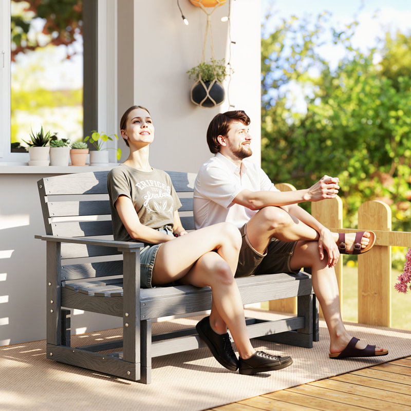 Banc oscillant de patio avec chaise berçante double en PEHD à lattes, gris vieilli, Gris patiné