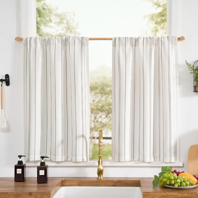 Striped Modern Farmhouse Kitchen Curtains Linen Look Cafe Curtains, 25" W x 36" L, Black