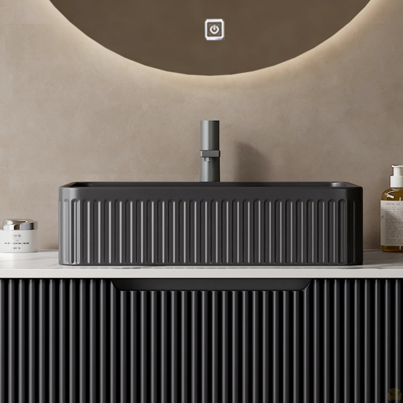 20'' Bathroom Sink, Rectangular Striped Vessel Ceramic Basin Without Faucet, No Cabinet, Black