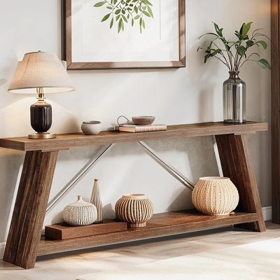 Console industrielle extra longue 70,9 pouces avec rangement, brun noyer foncé, pour le couloir et le salon