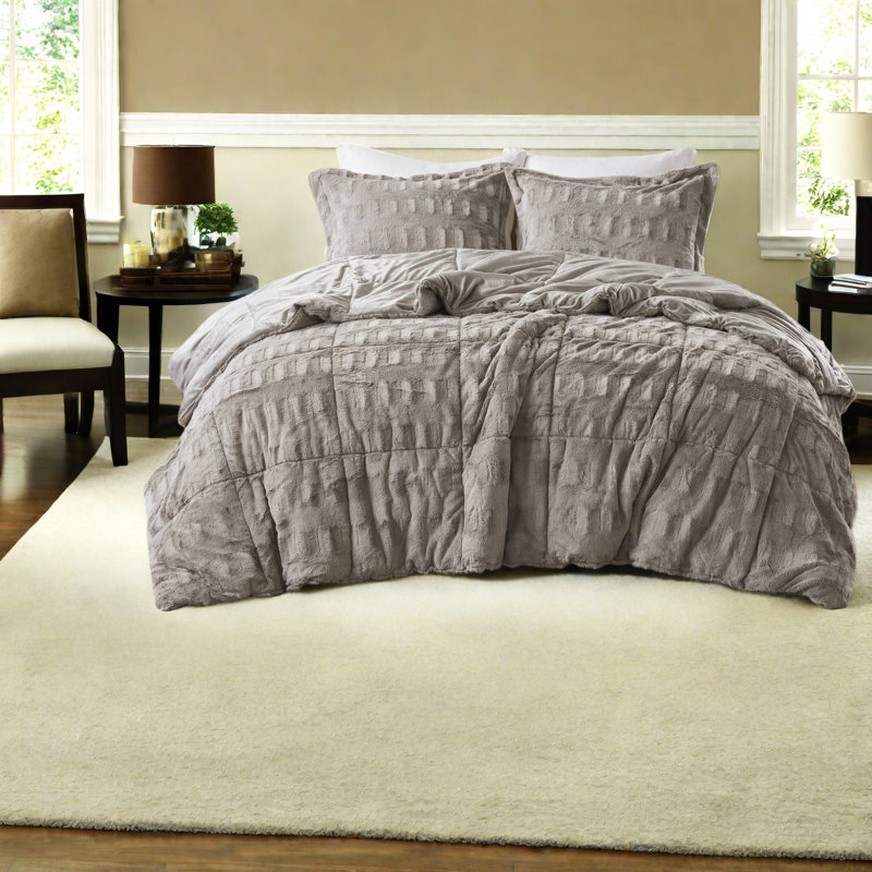 Luxurious Gray Faux Fur Bedding Sets, Soft Comforter For Home