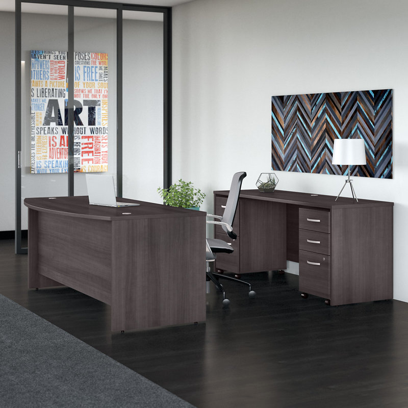 Studio C 72W x 36D Bow Front Desk and Credenza with Mobile File Cabinets, Storm Gray
