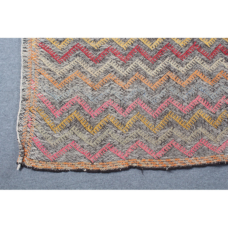 Grand tapis kilim turc Oushak rétro avec motif anatolien classique et frange élégante
