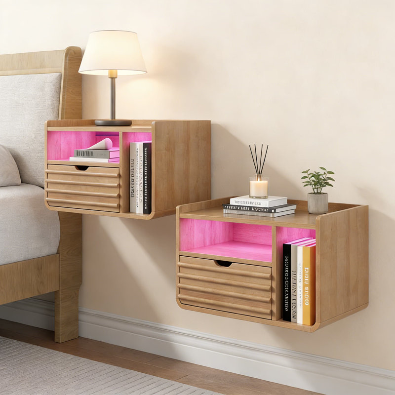Ensemble de 2 tables de chevet flottantes avec station de charge, table de chevet murale avec tiroir et tablette ouverte, table de chevet moderne peu encombrante pour la chambre à coucher, assemblage facile
