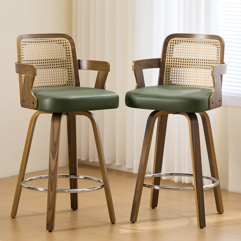 Upholstered Cane Back Counter & Bar Stool With Armrest, Green, 1