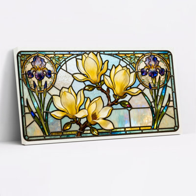 Ensemble de 1 tableau sur toile tendue à motif floral magnolia et iris, en vitrail