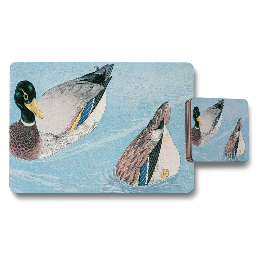 Duck Themed Placemat And Coaster Set With Watercolor Illustration
