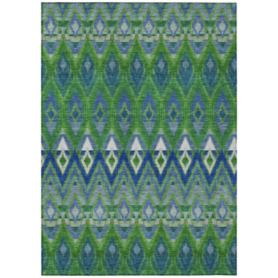 5' X 8' Green And Blue Southwestern Washable Indoor Outdoor Area Rug