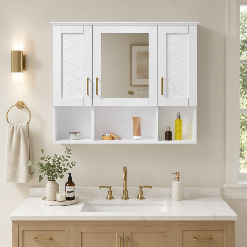 Armoire à pharmacie murale 35 pouces 2-en-1 avec tablettes réglables et portes à fermeture douce, miroir haute définition avec rangement pour meuble-lavabo