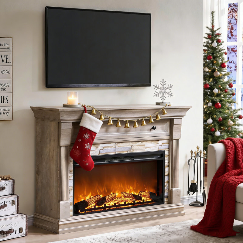 Farmhouse 52" Tv Stand With Electric Fireplace Mantel & Storage Cabinets With 36" Freestanding Heater, Remote-Controlled Adjustable 3D Flames