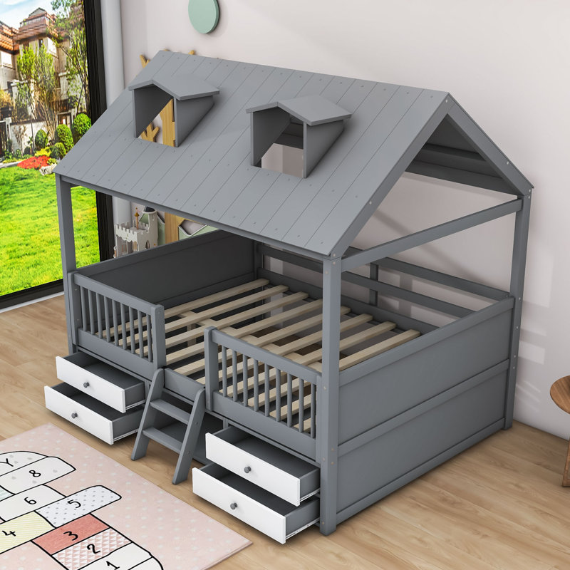 Lit mezzanine avec tiroirs Yacine Kids, gris, Double