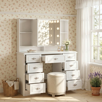 43.3'' W White Makeup Vanity Desk With Lighted Mirror, 9 Drawers, USB Port And Adjustable Side Mirrors