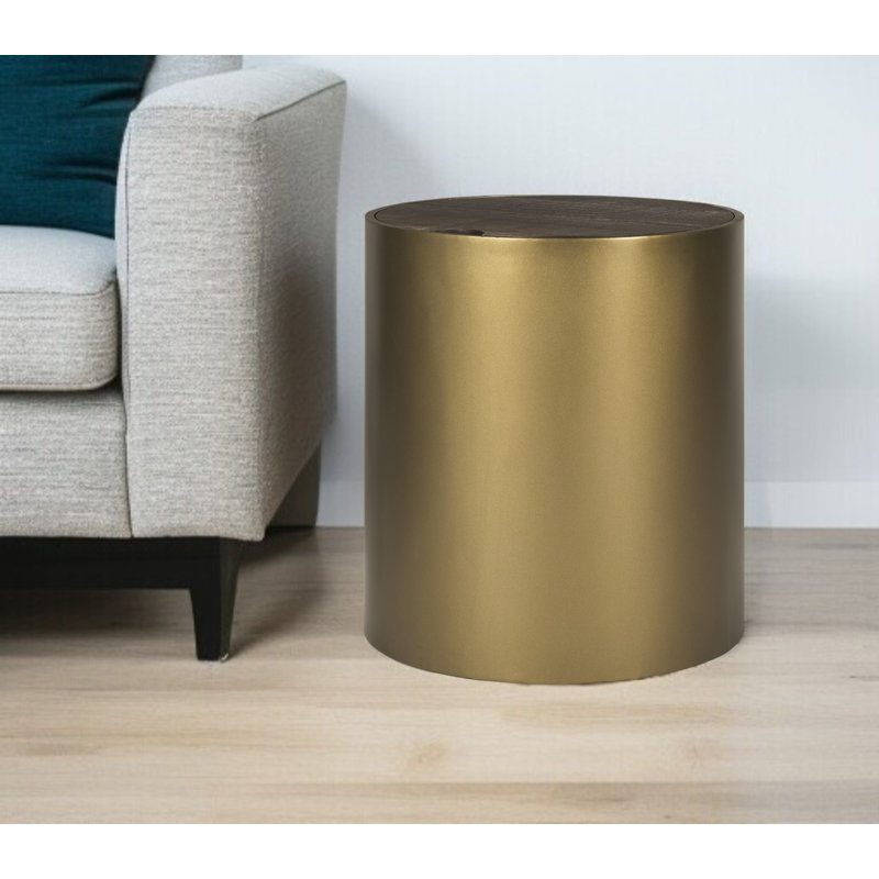 Table de bout cylindrique en bois massif et or 22 po avec rangement