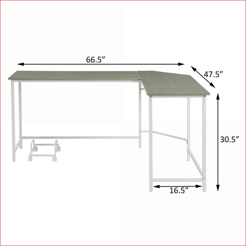 Desks, Modern L-Shaped Computer Desk with Rolling Holder | Grey+White | Wood+Metal, Gray/White