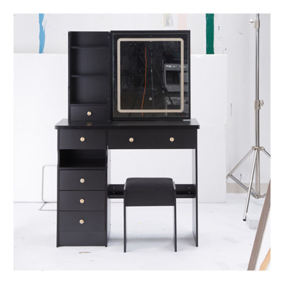 37" Middle Size Left Drawer Desktop Vanity Table + Cushioned Stool, Large Sliding, Touch Control, Tri-Color Switching, Brightness Adjust LED Mirror, High Capacity Storage, Suitable For Large Space