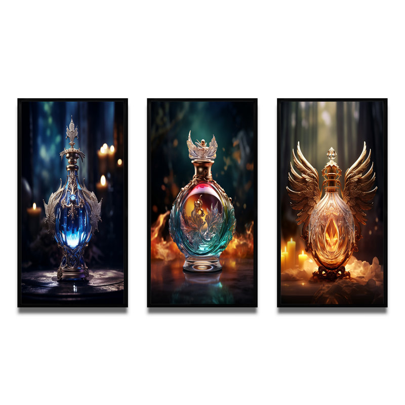 «Retro Perfume Bottle Exquis Design», 3 pièces sur toile, Cadre flottant noir, H 40 po x l 60 po
